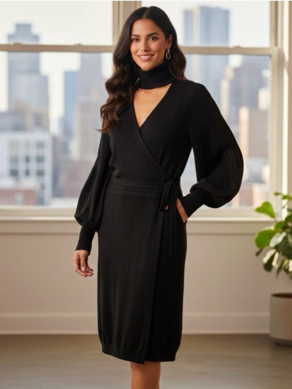 NEW (nude) Black 100% Wool Long Billow Sleeve Cut Out Sweater Dress Size 44/ L
